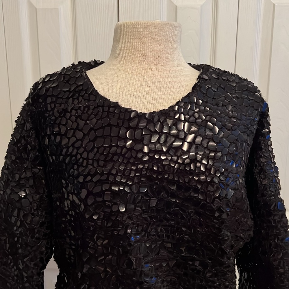 Black Long Sleeve Round Neck Faux Fur Top with Paillette Sequins by RAQ Studio
